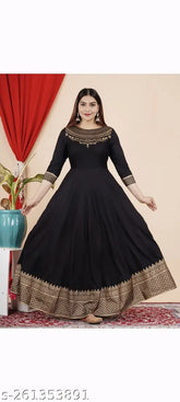 Golden print floral rayon Anarkali kurta, perfect for special occasions. Sleeve length: three-quarter sleeves. Available in sizes S to XXL